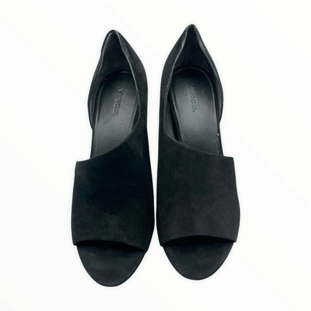 Vince Suede Block Heel Bootie Shoes Black Size 10 Women Open Toe Slip On NEW - Picture 2 of 5
